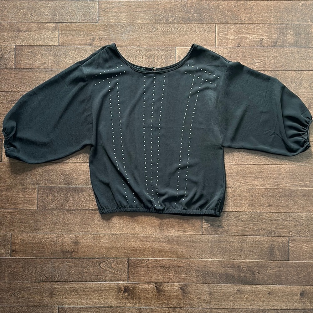 Bebe Black Oversized Cropped Off the Shoulder Crystal Embellished Top S